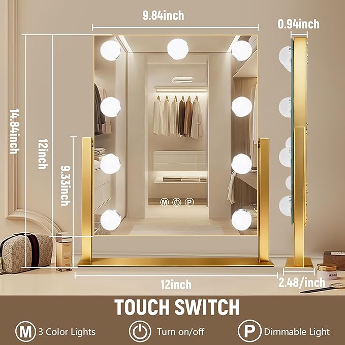 Gold Hollywood Vanity Mirror with Lights, 9 Dimmable Bulbs, 3 Color Lights,Make Up Lighted Mirror, 10x Magnification 360°Rotation(12" x 14")