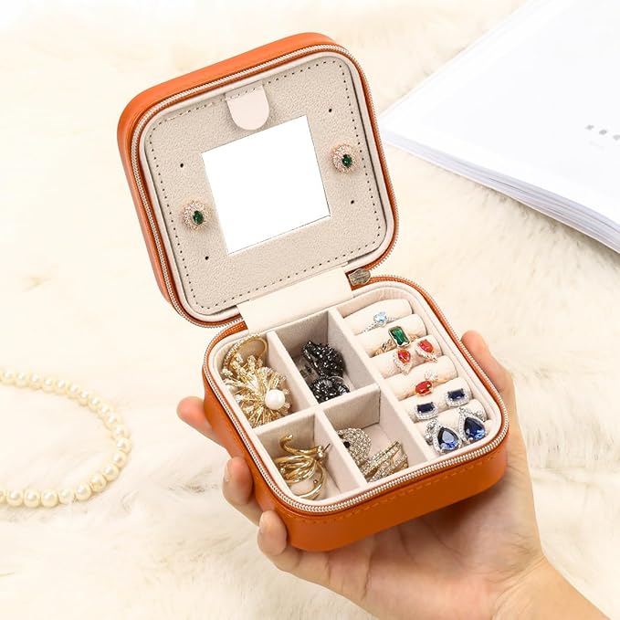 Jewelry Travel Case with Mirror,Small Travel Jewelry Organizer, Portable Jewelry Box Travel Mini Organizer Portable Display Storage Box for Rings Earrings Necklaces (Orange)