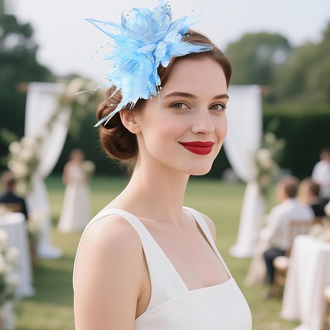 Womens Fascinators Hats Tea Party Hats for Women, Feather Pearl Veil Headband for Wedding Cocktail Dresses Accessories