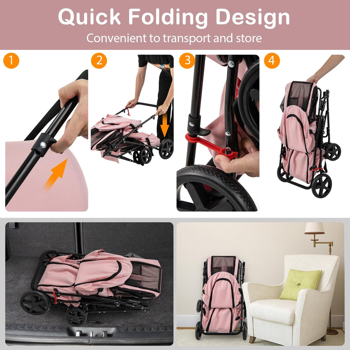 HAPPAWS Dog Stroller with 2 Detachable Carrier, Pet Stroller for Small Medium Dogs Cats, Jogger/Travel/Camping, 4-in-1 Doggy Pet Carrier, Carrier Strolling Cart with Lockable Wheels (Light Pink)
