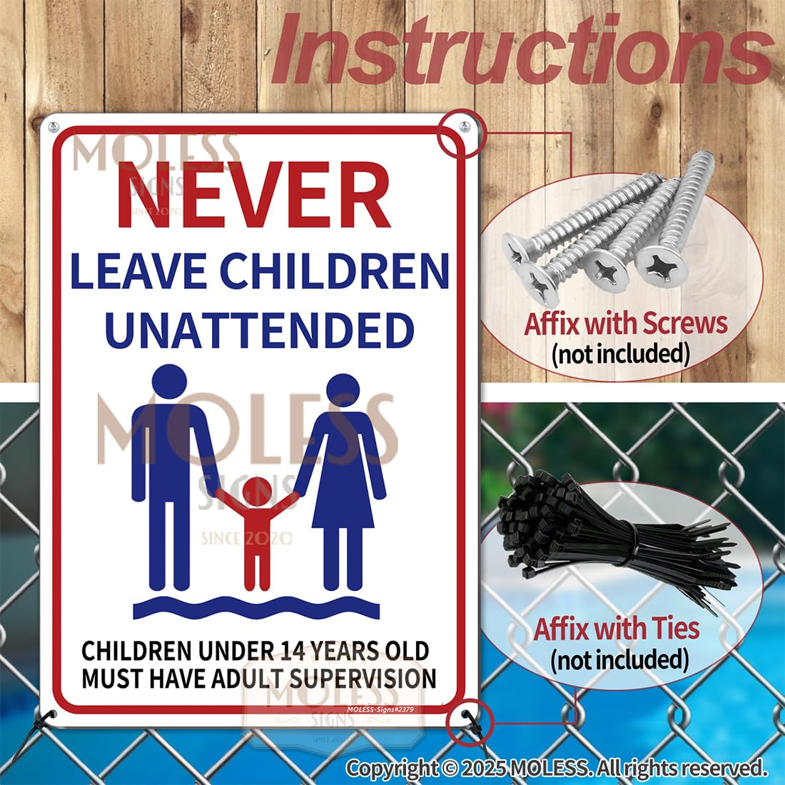 MOLESS 2 Pack Pool Safety Signs Bundle – 14x10 Inch Pool Signs for Outside Outdoor Decor, No Lifeguard on Duty & Child Supervision, Durable 0.040 Aluminum Weatherproof, Easy to Mount, PSP-2302