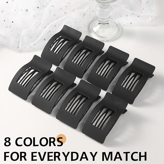 8 Pack French Flat Hair Clips for Women – Large Matte No-Slip Claw Barrettes for Thick & Thin Hair, Strong Hold Styling Accessories (black)