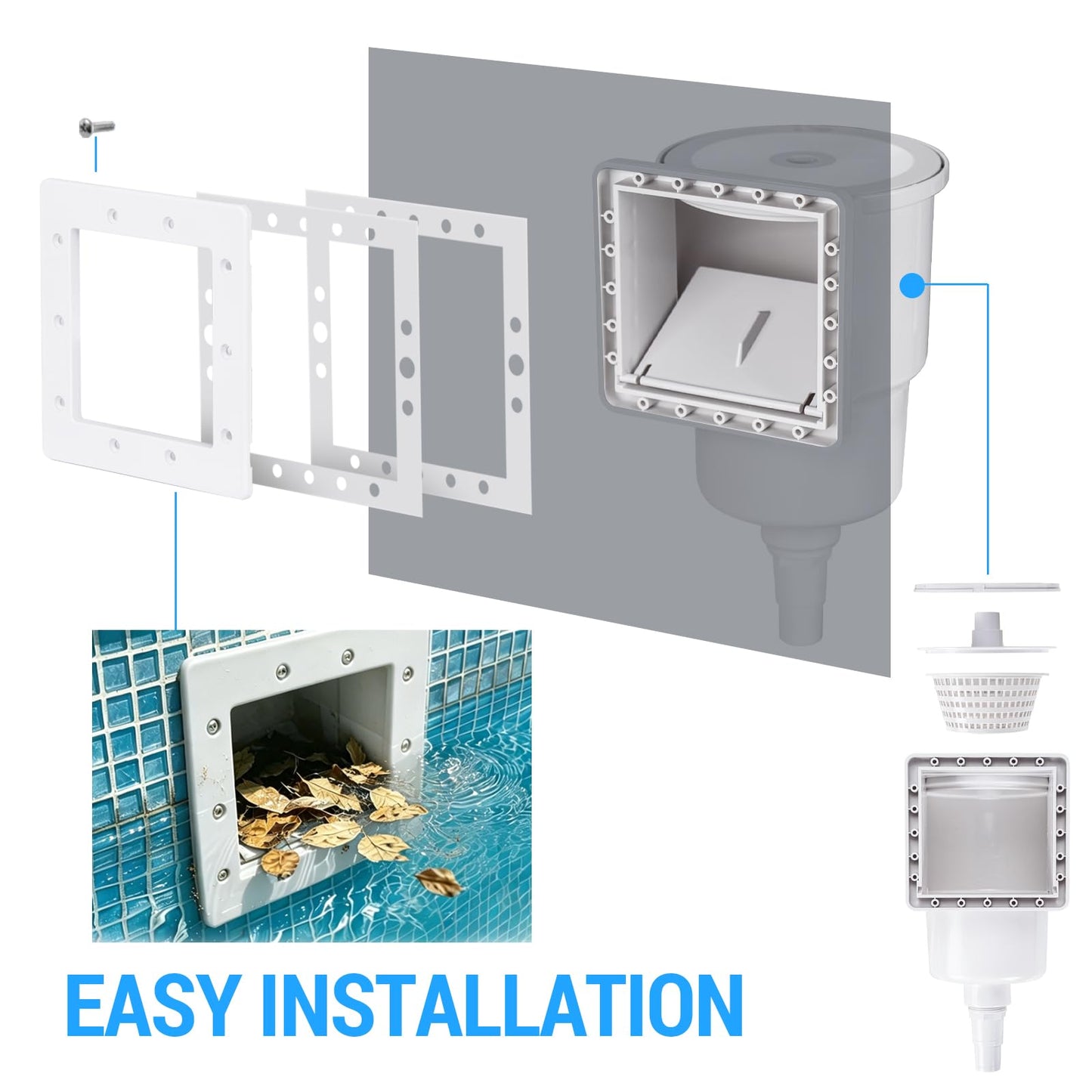 SNMUMU Universal Above Ground Pool Skimmer Kit, Heavy Duty Through Wall Pool Skimmers, Surface Skimmer for Pools for Filter Leaves, Hair, Bugs, and Impurities (Grey)