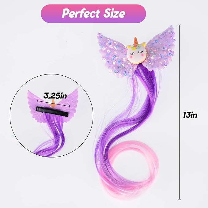 Little World Hair Clips for Girls - 6 Pcs Curly Clip in Hair Extensions with Cute Unicorn Bow - 13in Gradient Color Hair Clips for Girls Clip On for Toddler Kids Girls Ponytails Accessories