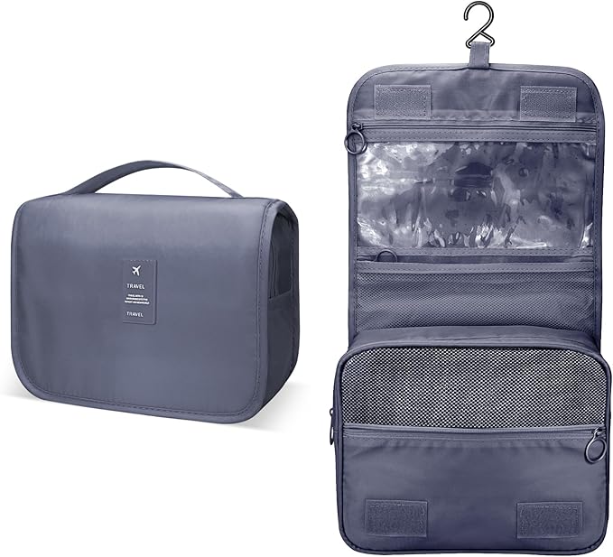 Large Capacity Toiletry Bag Travel Bag with Hanging Hook for Men and Women Waterproof Travel Cosmetic Bag Bathroom Storage Bag for Brushes Set,Mens Bathroom Bag Accessories-Grey