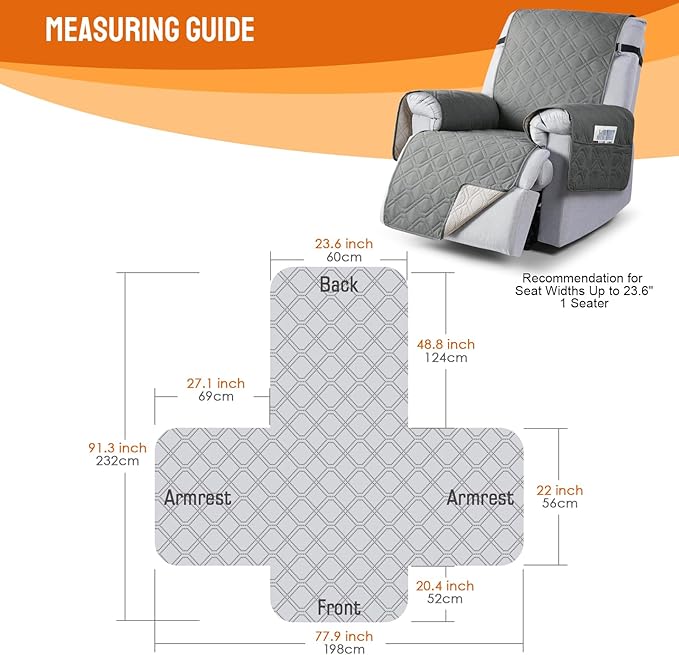 VANSOFY 100% Waterproof Recliner Chair Covers, Recliner Cover Non-Slip Dog Chair Cover Furniture Protector Washable Slipcover with Pocket, Elastic Straps for Pets, Dogs(Gray, 23.6")