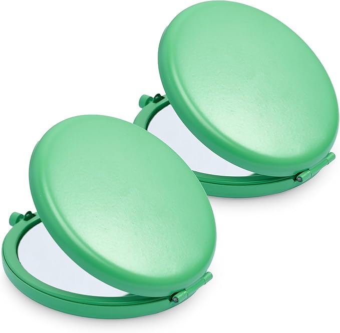Compact Mirror for Purse, Metal Round Shell, Double-Sided 1X/2X Magnifying, Portable Travel Makeup Mirror, Mini Pocket Mirror, Cobalt Green, 2 Packs