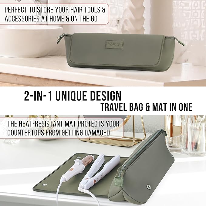 BAREFOOT CARIBOU Hair Tools Travel Bag and Heat Resistant Mat (15.5") for Flat Irons, Straighteners, Curling Iron, and Haircare Accessories, 2-in-1 design, Interior Pockets, Portable Organizer (Olive)