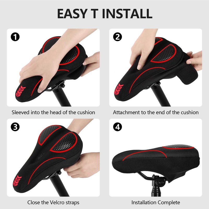 Bike Seat Cushion - Gel Padded Bike Seat Cover for Men Women Comfort, Extra Soft Exercise Bicycle Seat Compatible with Peloton, Outdoor & Indoor with Adjustable Velcro Secure Red