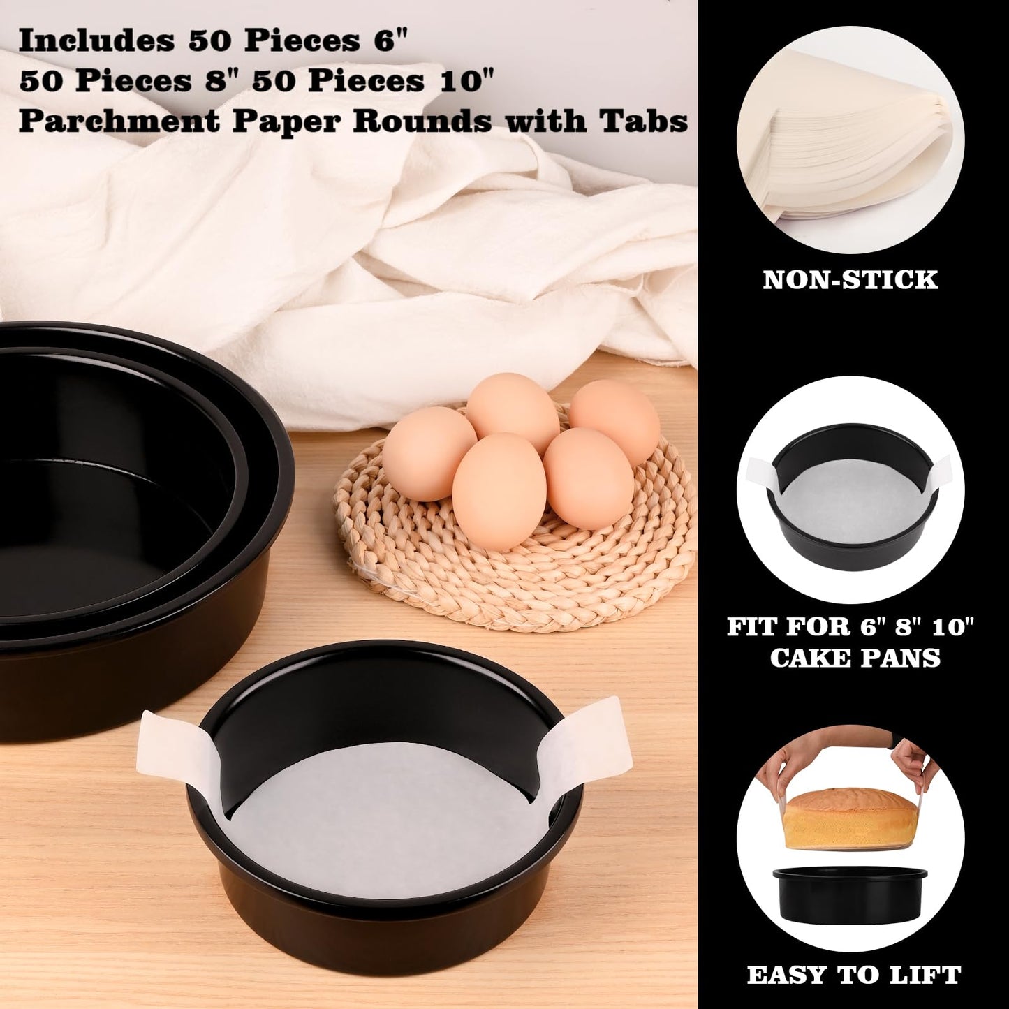 HUAKENER 3 Pack Round Cake Pans, 6" 8" 10 Inch Circle Cake Pan with 150 Pieces Parchment Paper, Non-stick Cake Baking Pans, Dishwasher Safe