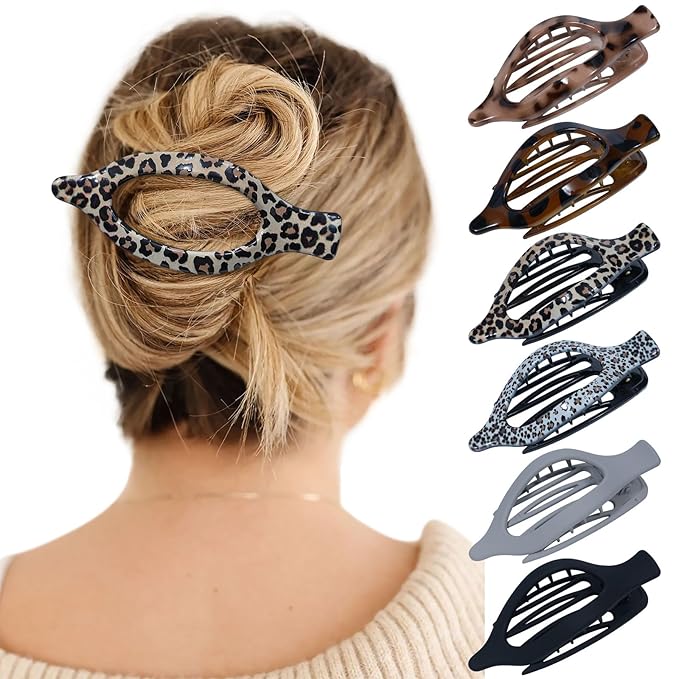 French Flat Hair Clips for Women - 6Pcs Flat Hair Claws for Thin Thick Hair Strong Hold No Slip Grip Hair Claw Clips for Women Girls (Leopard print (Neutral))