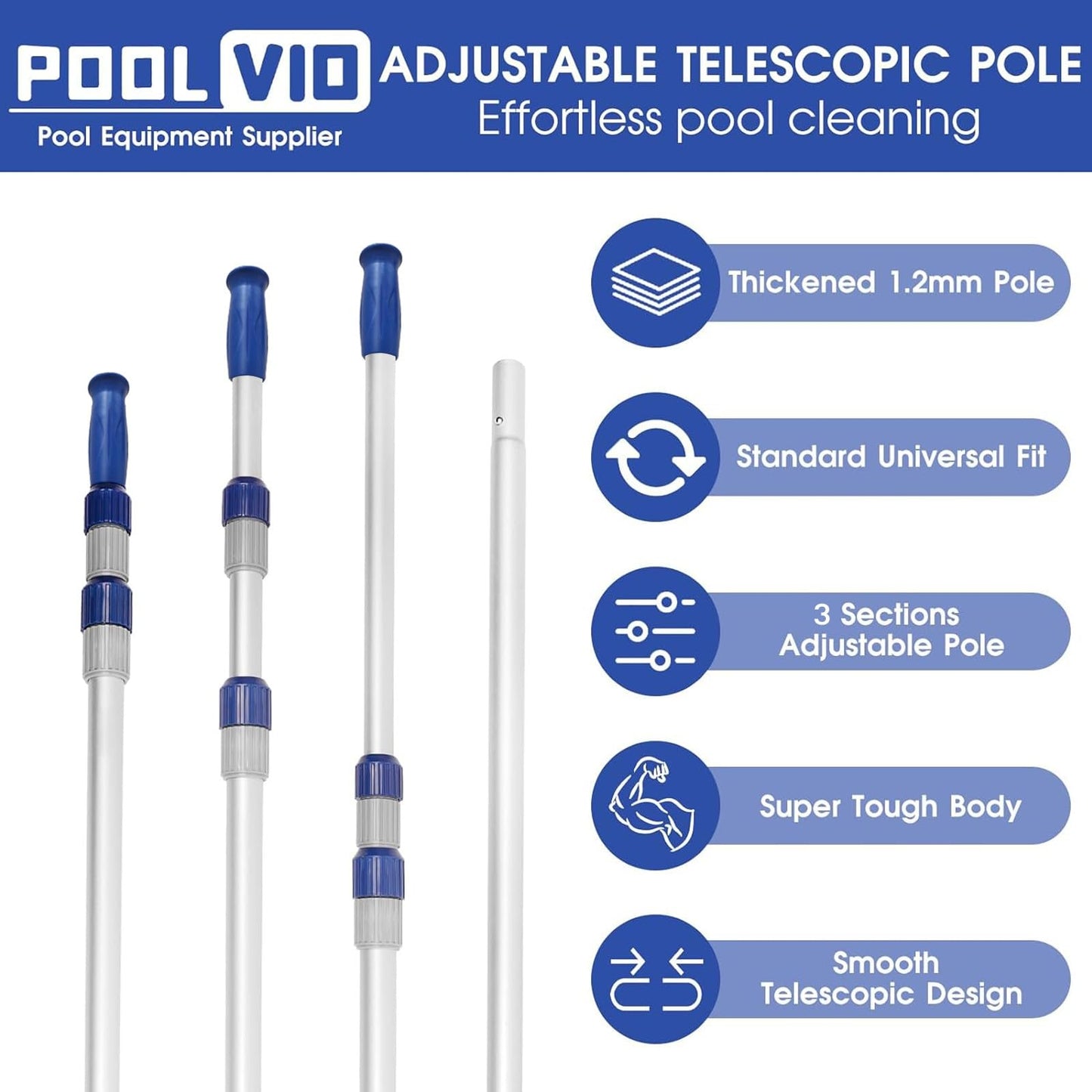 Poolvio 15 FT Telescopic Pool Pole - Adjustable 3 Piece Aluminum Pool Skimmer Pole for Pool Cleaning Skimmer Nets Vacuum Heads & Brushes, Strong Grip & Lock