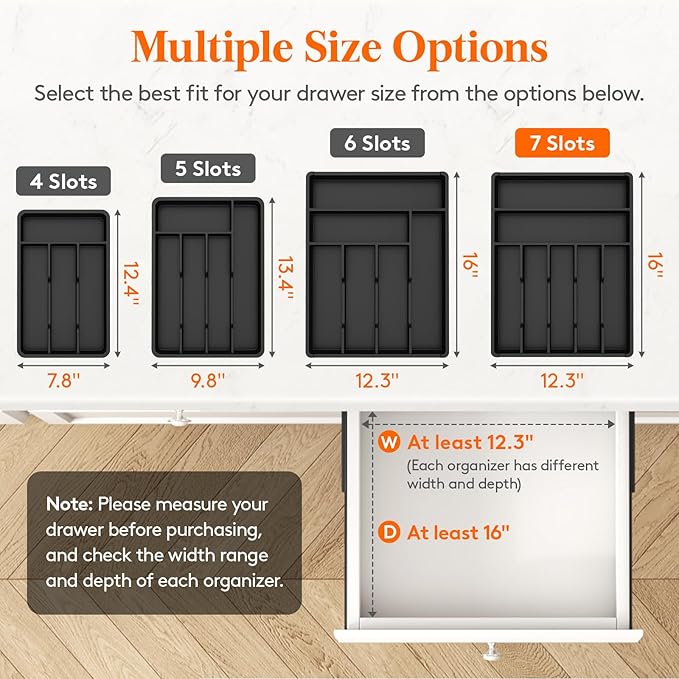 Lifewit Silverware Drawer Organizer Tray, Plastic Cutlery Storage for Kitchen, Flatware and Utensil Holder Divider for Spoons Forks Knives Tableware, 12.3 x 16", 7 Slots, Black