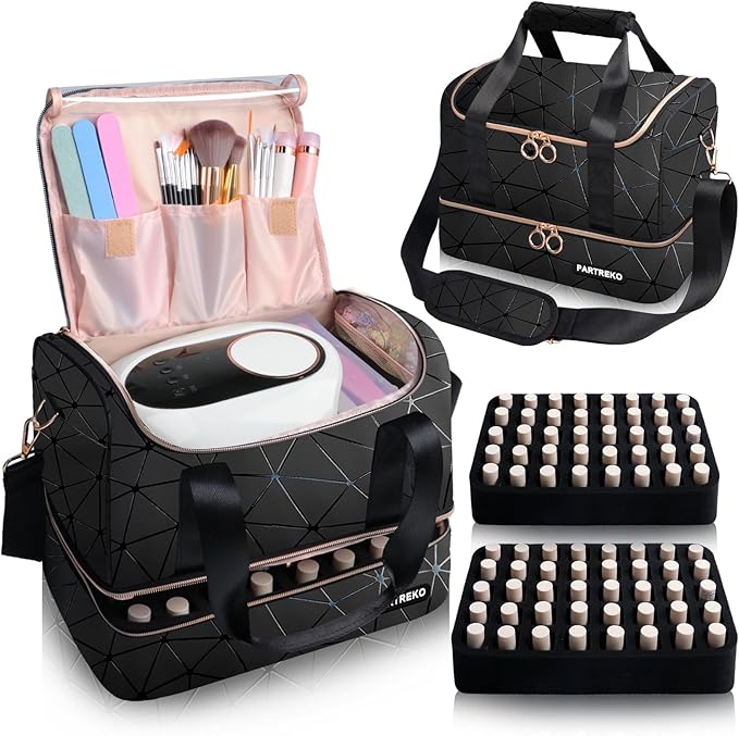 Nail Polish Organizer Holds 80 Bottles (15ml/0.5 fl.oz)& Nail Lamp, PU Leather Nail Organizers and Storage Bag with Shoulder Strap, Portable Nail Supplies Kit Organizer Carrying Case (Black)