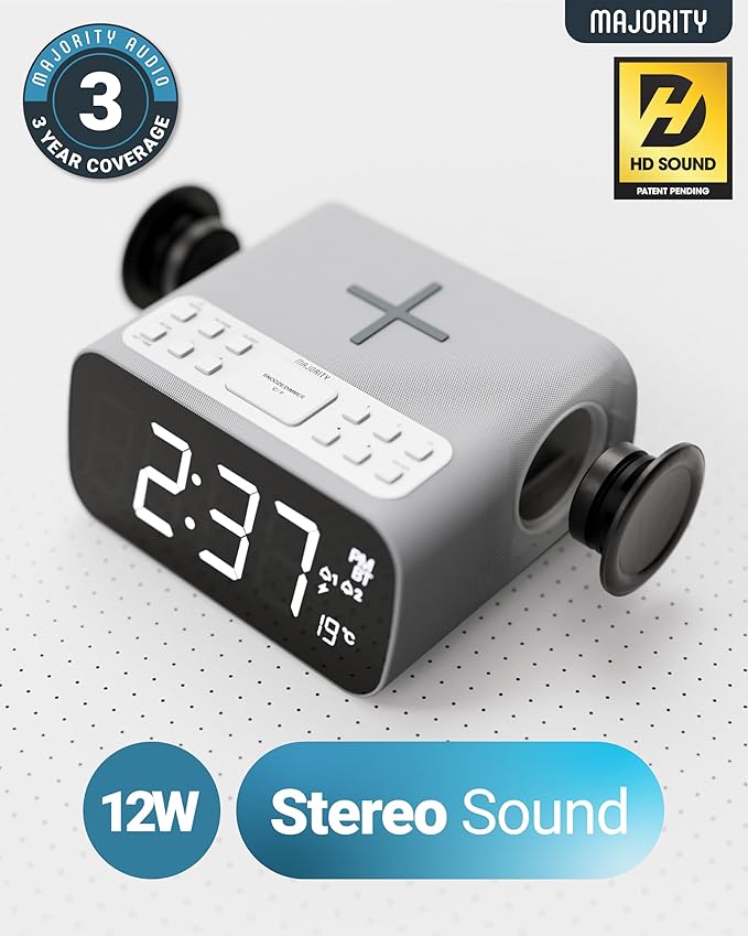 Majority Bluetooth Alarm Clocks with Wireless Charging | Bedside Clock for Bedroom with 10W Power FM Radio | Large Screen Display, Loud Alarm for Heavy Sleepers, and Display Backlit Dimmable Darwin