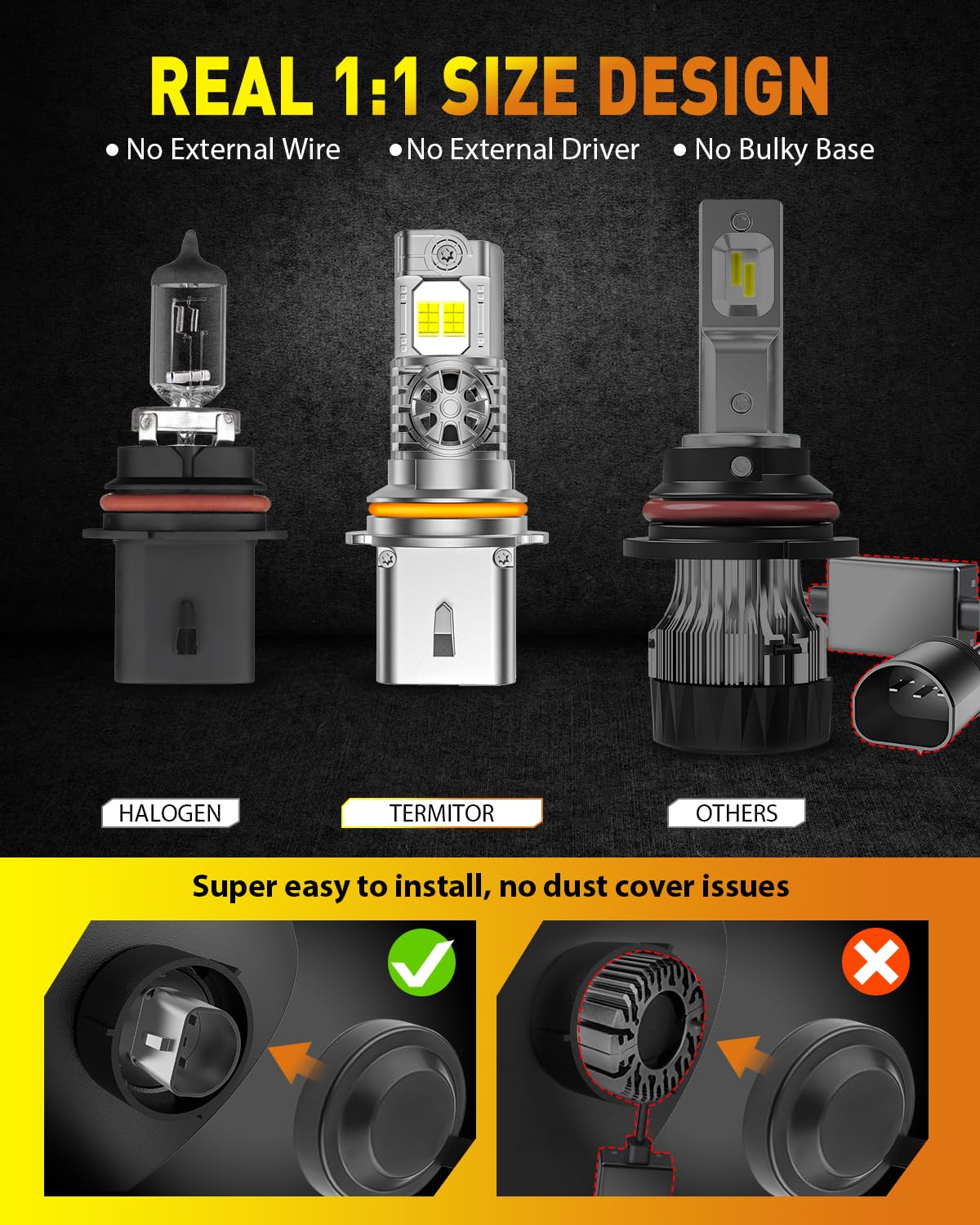Termitor 9007/HB5 Light Bulbs high/low beam, 60,000LM 1500% Brightness, 70K+ Hours Lifespan, 6500K Cool White Driving Lights, Real 1:1 Mini Size, Plug N Play, CANBUS Ready No Flickering, Pack of 2