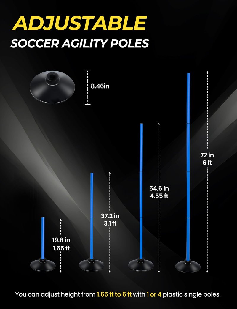 SEAOTTER Soccer Agility Poles Set, 4 Pcs 6FT Adjustable Sports Trainning Speed Poles Slalom Poles with Rubber Base, Agility Training Equipment for Football, Rugby, Basketball, Indoor & Outdoor