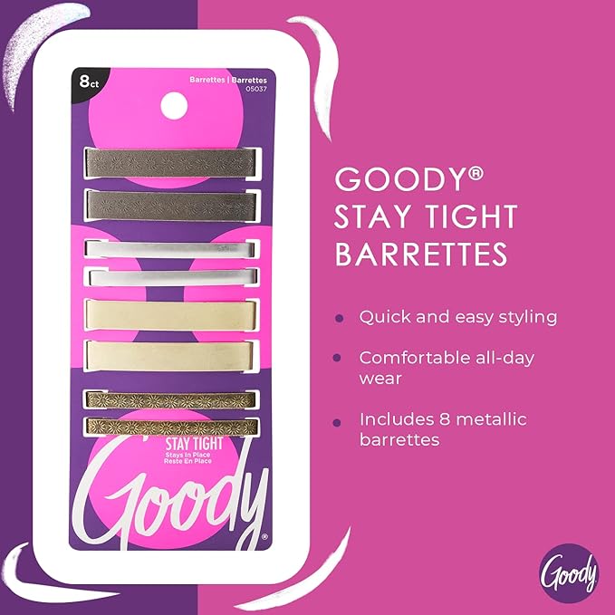 Goody Stay Tight Hair Barrettes - 8 Ct, Assorted Metallic Colors, Non-Slip Flat Hair Clips, Comfortable & Versatile Hair Accessories for Women & Men, Hair Clips for All Hair Types