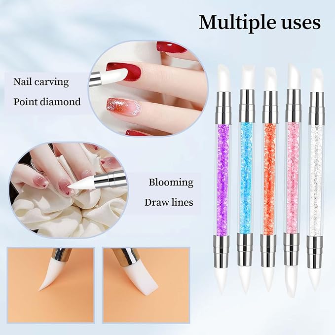 5 Pcs Nail Art Sculpture Pen, Dual Tipped Silicone Nail Tools, Nail Art Brushes, Rhinestone Nail Polish Carving Pen, Nail Art Tools for Design Nail Carving Drawing Shaping Effect(5 Colors)