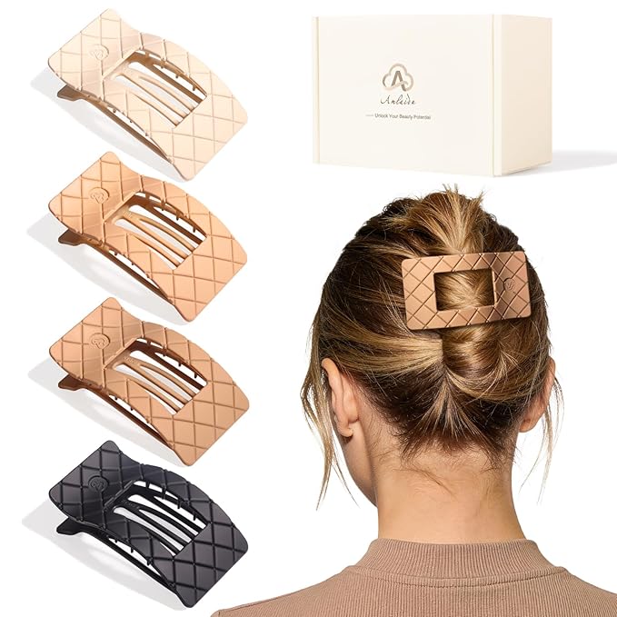 Large Flat Hair Claw Clips for Women Fine Thin Medium Thick Hair, Duckbill Strong Hold Non Slip Square Hair Clips, Cozy French Lay Down Hairclips, Beige, Light Khaki, Dark Khaki, Black, 4 Pcs