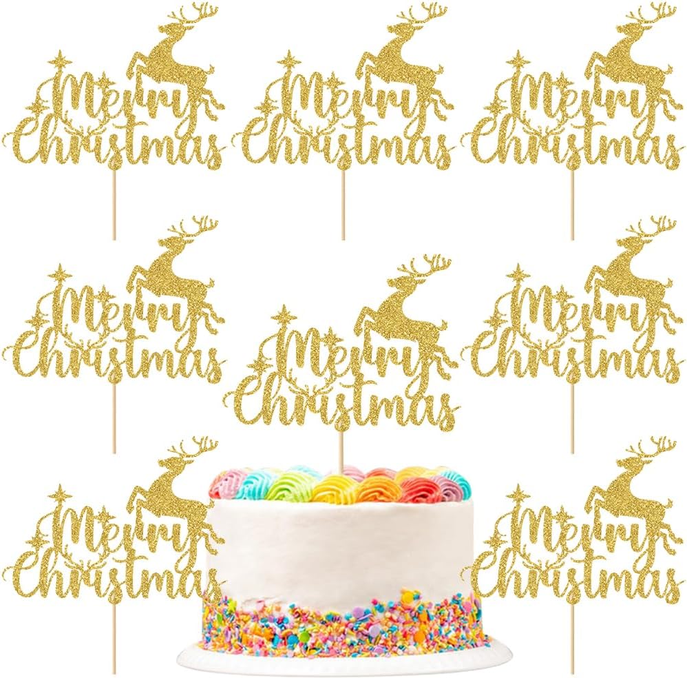 Christmas Cake Topper Handmade Reindeer Cake Decorations Gold Glitter Merry Christmas Cake Toppers for Winter Holiday Xmas Eve Theme Party Supplies DIY Dessert Decoration 8 Packs
