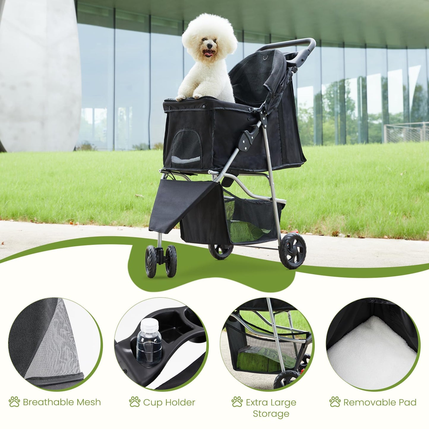 KMFurnila 3 Wheel Pet Stroller for Dogs, Cats Stroller with Storage Basket and Cup Holders, Foldable, Lightweight and Durable, Ideal for Small to Medium Pets, Home Cleaning, Black