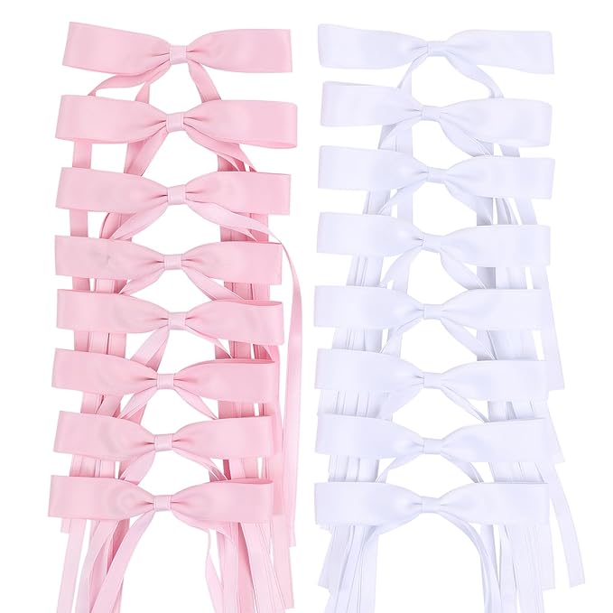 Hair Bows Clips Coquette Ribbon Bowknot with Long Tail Princess Hair Bows French Barrettes Hair Accessories for Women Girls 16PCS (Pink, White)