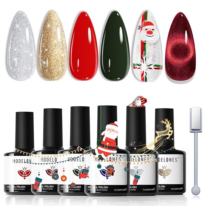 modelones Christmas Gel Nail Polish Set, Winter Cat Eye Red Dark Green Blue Glitter Gold Silver Gel Polish Kit Soak Off Nail Art Manicure Home Gift for Women Girls