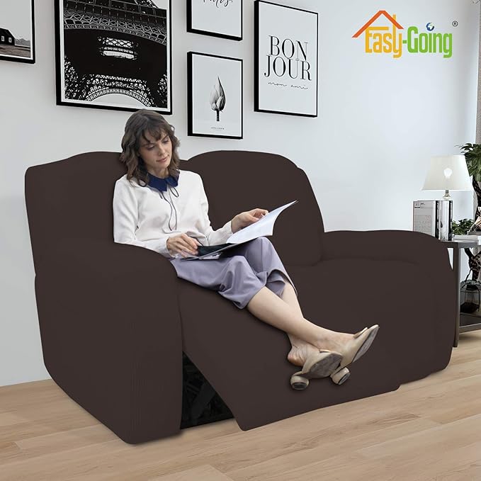 Easy-Going 6 Pieces Recliner Loveseat Stretch Sofa Slipcover Sofa Cover Furniture Protector RV Couch Soft with Elastic Bottom Kids, Spandex Jacquard Fabric Small Checks Chocolate