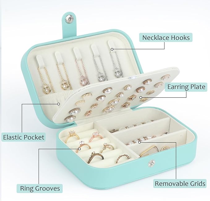 Hatori Travel Jewelry Box, PU Leather Small Jewelry Organizer for Women Girls, Portable Mini Travel Case Display Storage Holder Boxes for Stud Earrings, Rings, Necklaces, Bracelets (Turquoise)