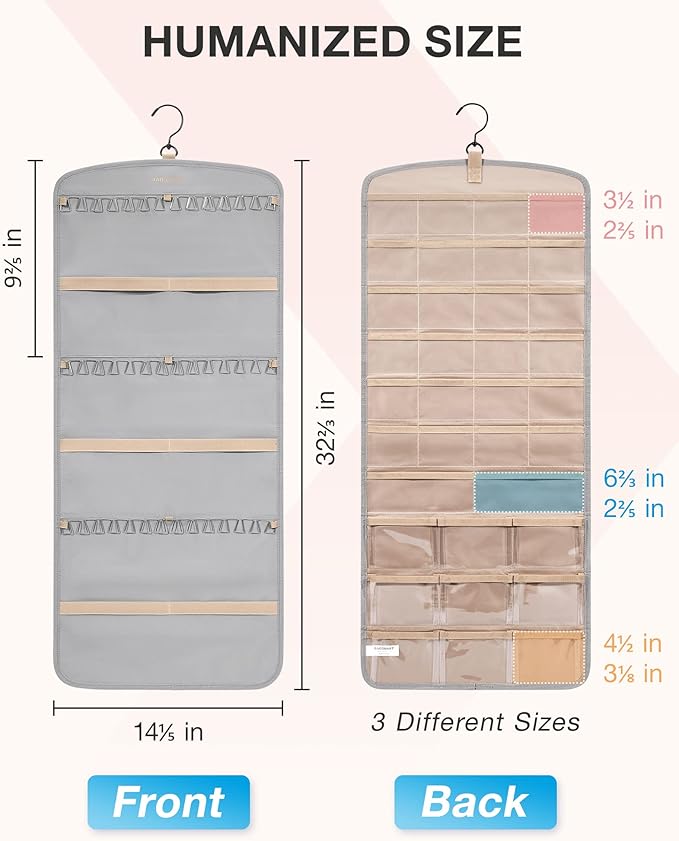 BAGSMART Hanging Jewelry Organizer, Necklace Holder Anti-tangle Earrings Rings Hanger with 20 Jewelry Bags Travel Storage Roll with Pockets Hang on Closet, Wall, Door,1 Piece, Large Grey