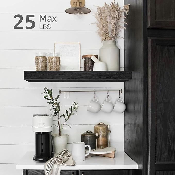QEEIG Floating Shelves for Wall Bathroom Shelf Bedroom Kitchen Living Room Farmhouse Small Book Shelf 16 inch Set of 2, Black (015-B2)