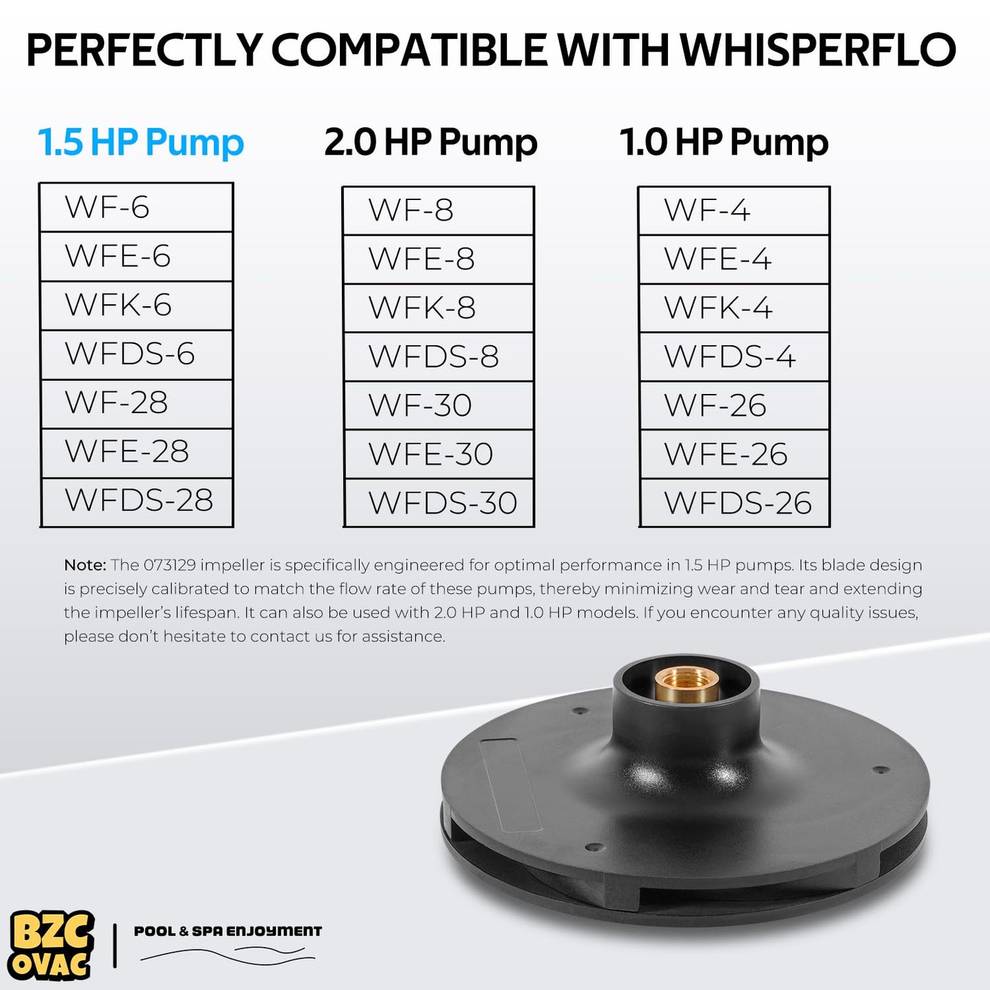 Bzcovac 073129 Impeller Compatible with WhisperFlo 1HP 1.5 HP and 2 HP Pool and Spa Pump, Black