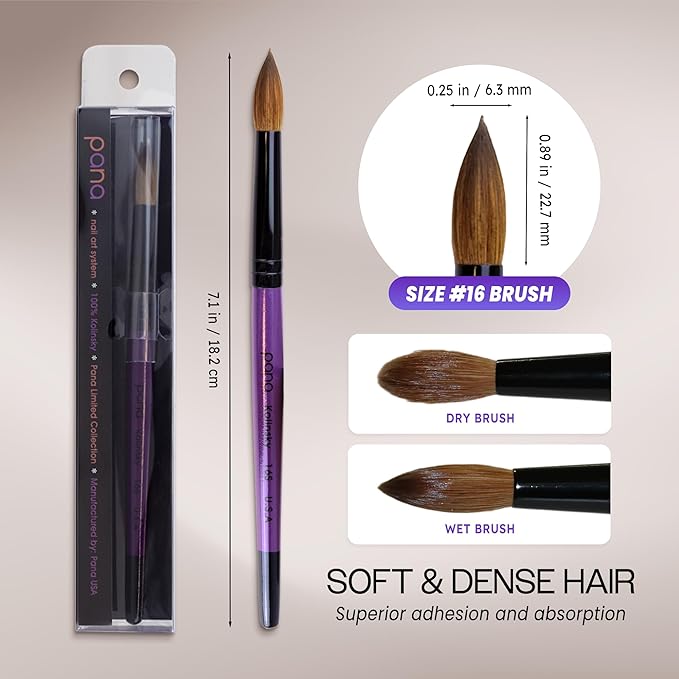 PANA Pure Kolinsky Hair Acrylic Nail Brush - Round Shape Black Ferrule with Purple Wood Handle (Size 16) - Nail Brush for Acrylic Nail Application, Nail Extension, Manicure Pedicure Salon Beginner and