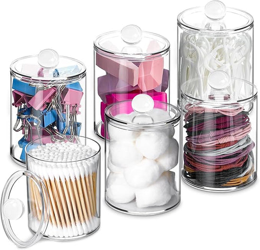 XIPENGKEJI 6 Pack Qtip Holder,Canister Apothecary Jar Set, Bathroom Jars with Lids Set for Cotton Swabs, Balls, Pads, Floss Picks,10oz-12oz Plastic Canisters Restroom Bedroom Vanity Organizer(Clear)