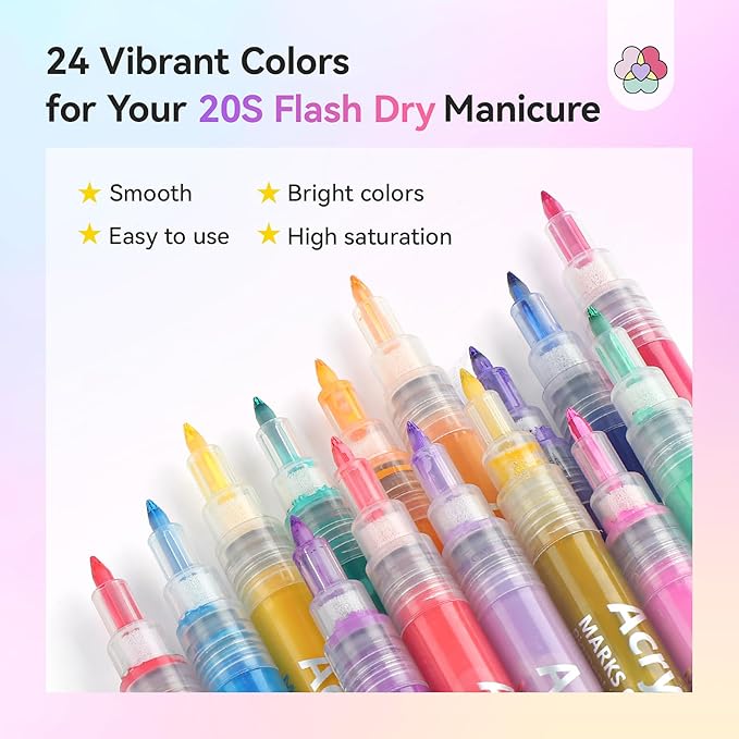 SAVILAND Nail Art Pens Set: 24 Colors 0.7MM Quick Dry 3D Nail Polish Pens Acrylic Paint Makers for Nail Art Design Drawing Detailing Point Liner Brush Dotting Tools Home DIY & Salon Manicure