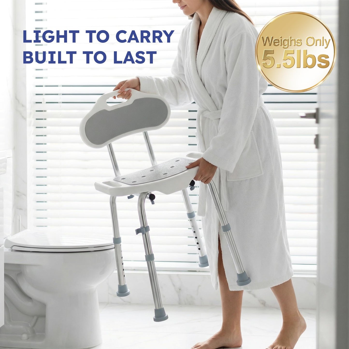BlessReach Shower Chair for Inside Shower with Back, 400 lbs Shower Stool with Adjustable Height, Padded Seat & Drainage Holes, Shower Seat for Inside Tub, Bathtub Chair for Elderly and Disabled