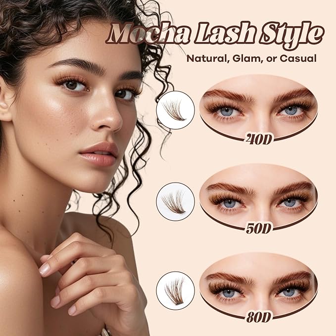 B&Q Mocha Brown Lash Clusters Kit | 280 Pcs Brown Wispy & Natural Eyelash Clusters for Beginner DIY, Complete Lash Extension Kit with Bond and Seal, Fake Eyelashes for Natural LookÃ¯Â¼Â40D+50D 9-16mm)