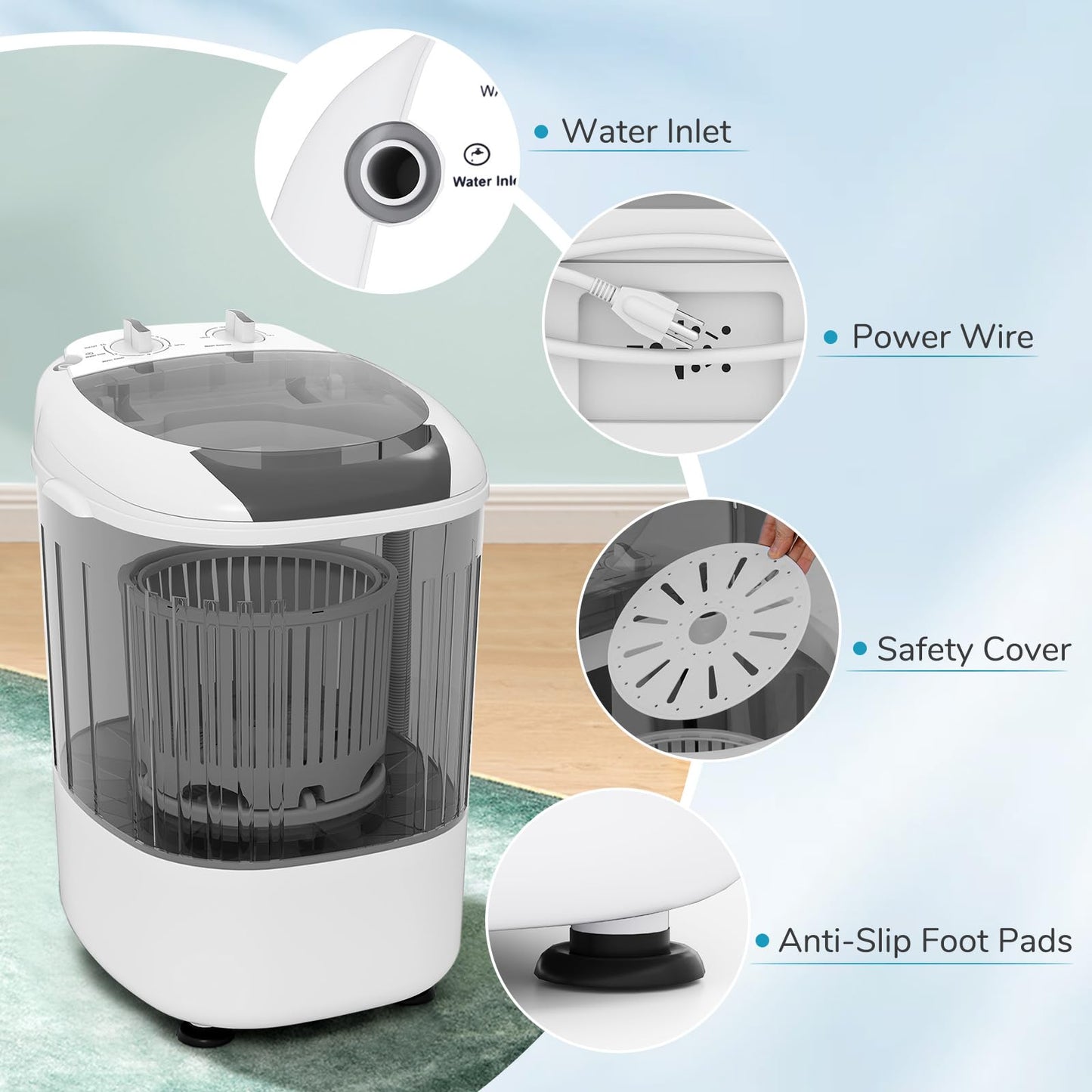 Giantex Portable Mini Washing Machine, 5.5 lbs Capacity Small Compact Laundry Washer with Spin Tub & Drain Hose, Semi-automatic Washer Machine for Apartment Dorms RV Home (Grey)
