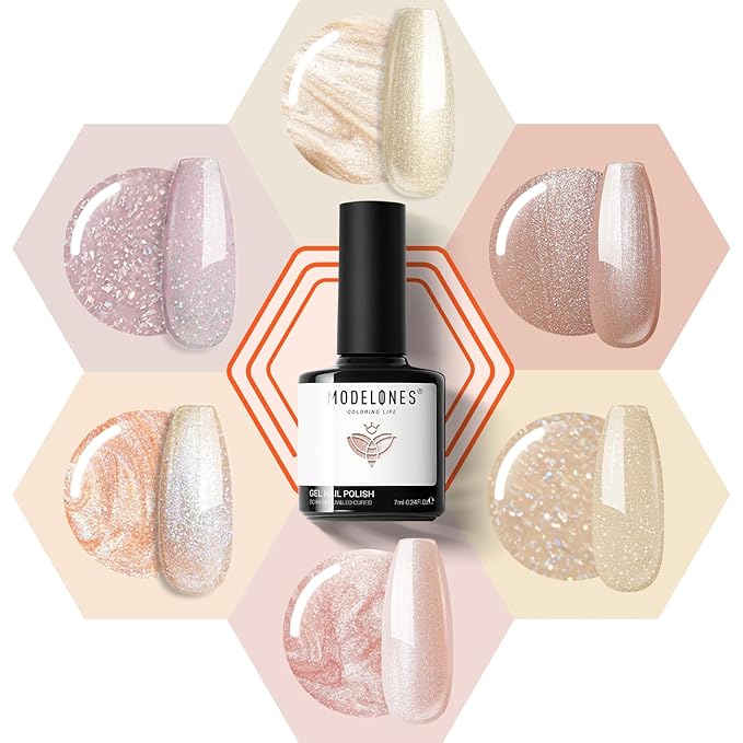 modelones Gel Nail Polish Set, Nude 6 Colors Neutral Gel Polish Skin Tone Pink Glitter Nail Polish Shimmery Pear Gel Polish Starter Kit Soak Off All Season LED Soapnails Manicure DIY Salon