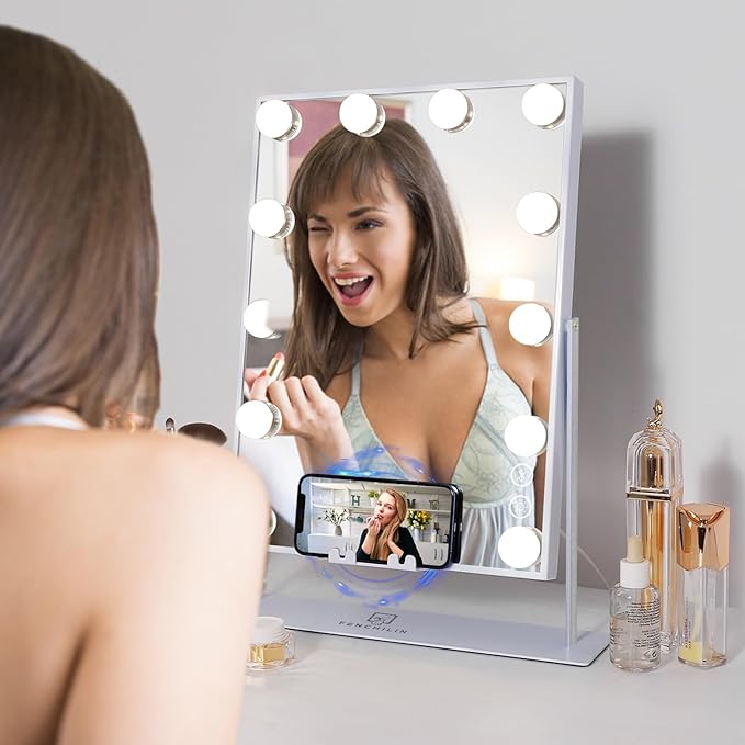 FENCHILIN Lighted Makeup Mirror Hollywood Mirror Vanity Makeup Mirror with Light Smart Touch Control 3Colors Dimmable Light Detachable 10X Magnification 360°Rotation(Ivory)