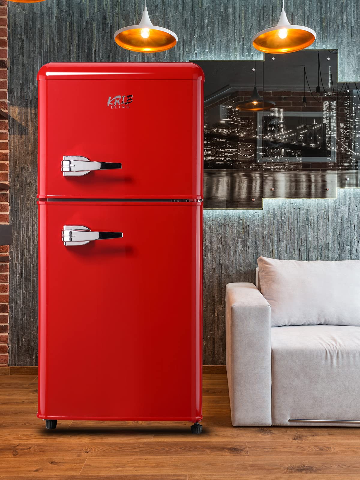 KRIB BLING Mini Fridge With Freezer,Refrigerator With 2 Doors,7- Level Adjustable Thermostat, Removable Glass Shelves For Bedroom, Office, Kitchen, Apartment, Dorm, 3.5 Cu. Ft Red