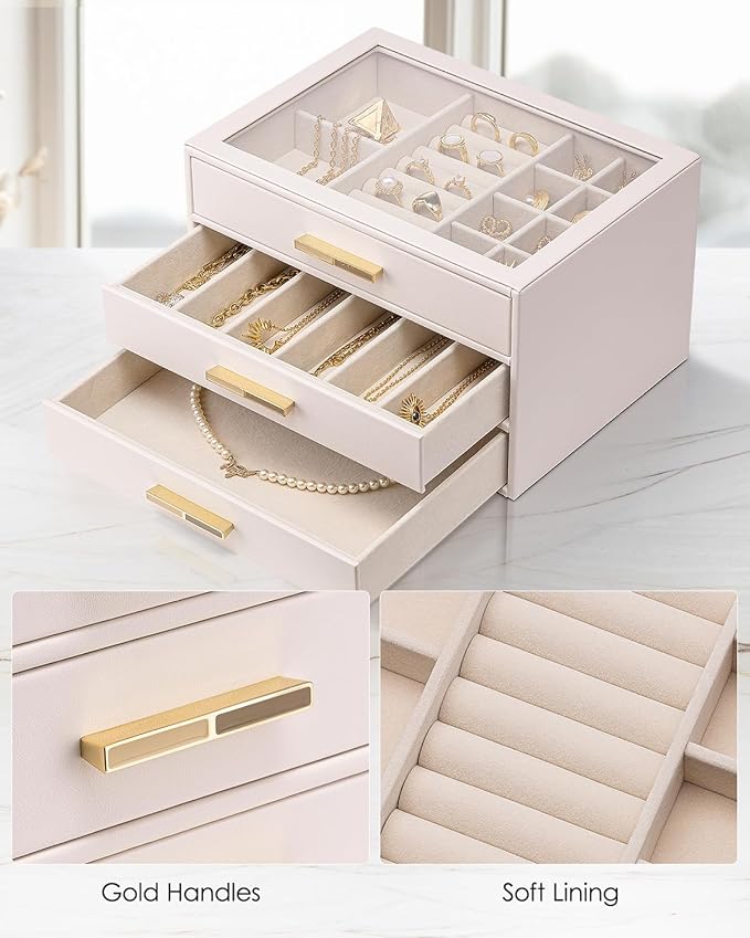 Vlando Jewelry Box for Women, Glass Lid Jewelry Organizer with 3 Drawers for Necklaces Rings Earrings Bracelets - Light Pink
