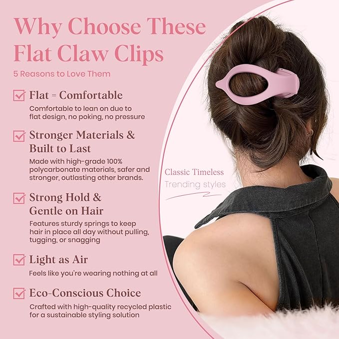 4 PCS Large Flat Hair Clips for Women Girls, French Concord Lay Down Flat Claw Clips for Thick Thin Hair, Comfortable Curved Hair Clip, Matte Non-slip Strong Hold Hair Accessories, Colorful