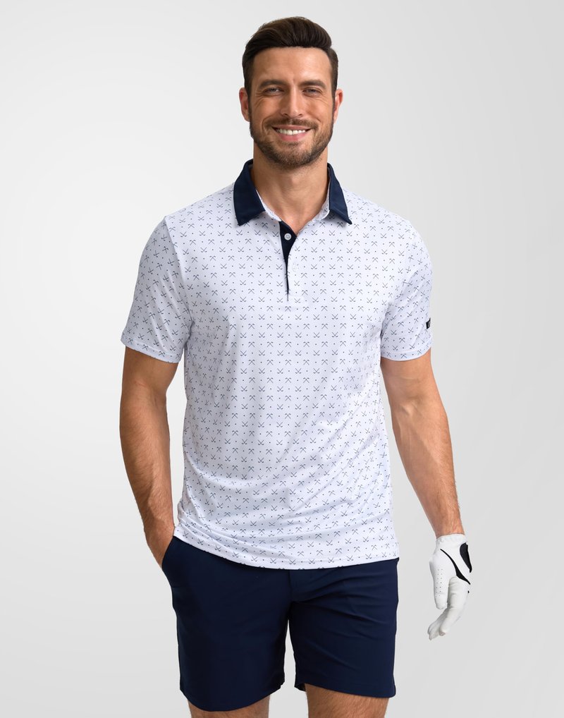 Obla Mens Golf Polo Shirts Short Sleeve Dry Fit Performance Moisture Wicking Casual Print Collared Golf Shirts for Men(White Golf Clubs_S)