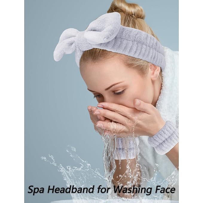 VELSCRUN Spa Headband, Makeup Face Wash Skincare Headbands, Bow Hair Band Party Favors for Washing Face, Stocking Stuffers For Women Teen Girls Christmas Gifts Hair Accessories Gray White