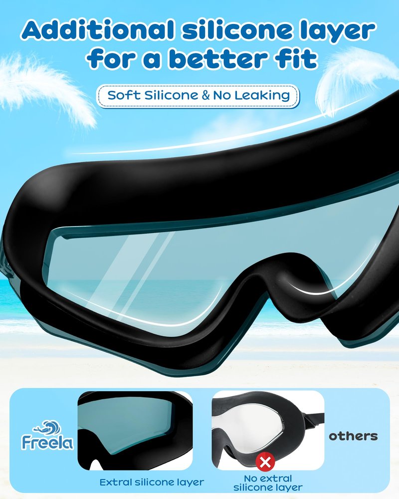 Freela 2 Pack Kids Swim Goggles for 6-14 8-12 8-14 4-7, Water Pool Swimming Goggles Anti-Fog 180° Wide View UV Protection, Soft Silicone Layer Waterproof No Leak Glasses for Youth Boys Girls