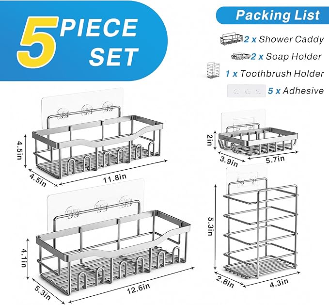 EUDELE 5-Pack Rustproof Stainless Steel Shower Caddy Ã¢ÂÂ No Drill Adhesive Bathroom Organizer with Large Capacity, Spacious Shower Shelves for Inside Shower, Kitchen & Home Decor Storage-XL Size