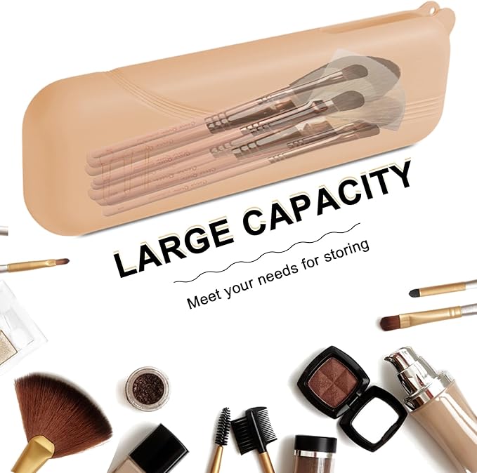 Silicone Makeup Brush holder travel case,Large makeup brush bag with Half-open Snap Design, Anti-fall Out vanity organizer for Toothbrushes,lipstick,eyebrow pencil,BB Cream,Liquid Foundation(Khaki)