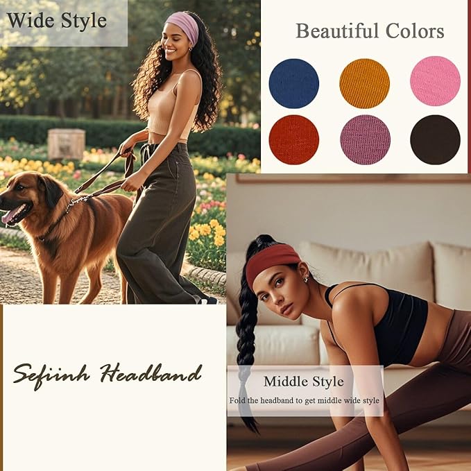 Sefiinh Wide Headbands For Women Stretch Headband Boho Head Bands Women's Hair Band Turban Workout Hairband Accessories 6 Pack